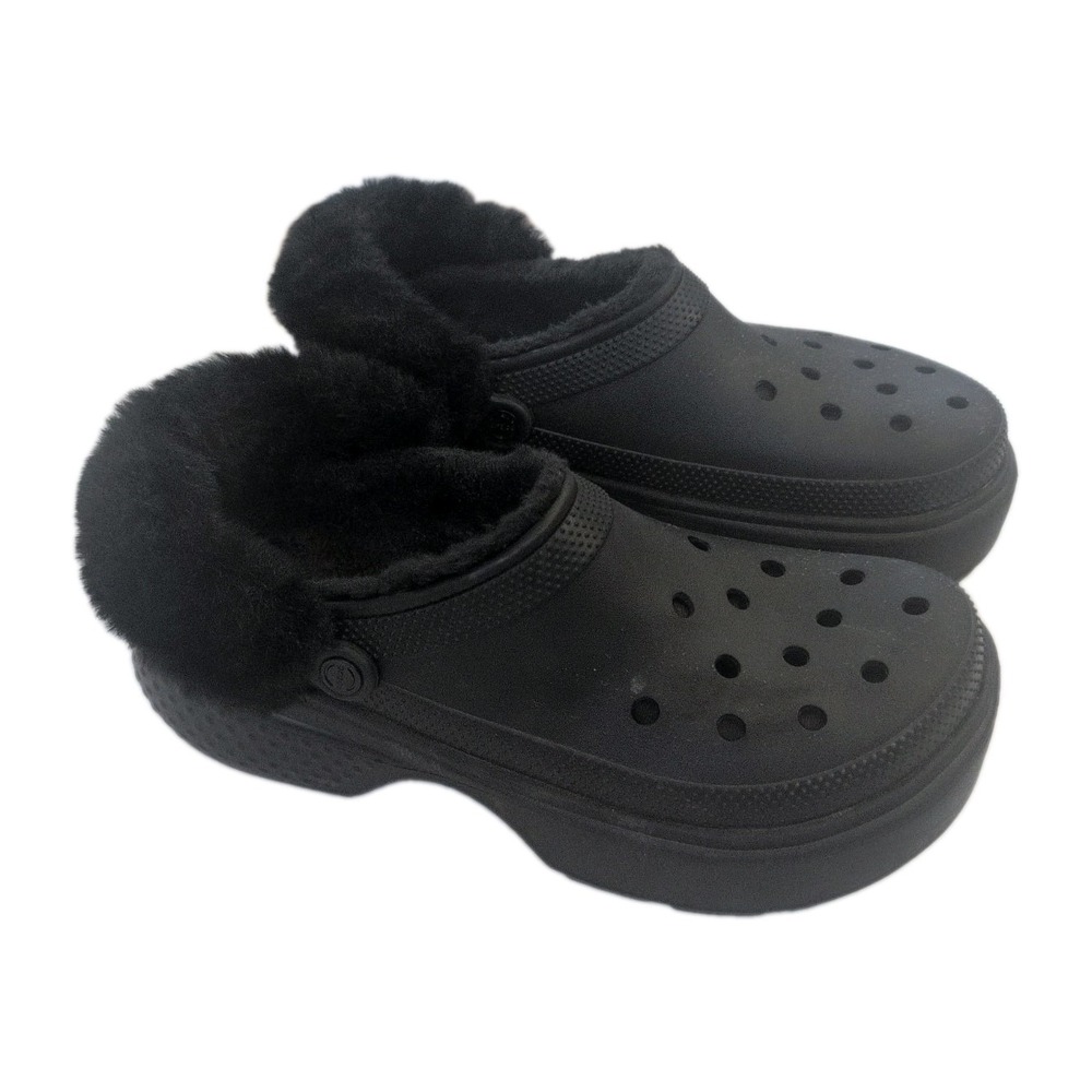 Crocs Stomp Lined Platform Clogs Mens Size 13 Black Faux Fur Lined Slip On Shoes